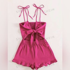 Shein Pink Knot Tie Shirred Ruffle Hem Cami Romper